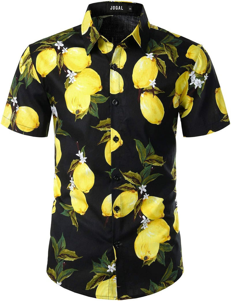 JOGAL Men's Cotton Button Down Short Sleeve Hawaiian Shirt Black Yellow XX-Large - Image 1